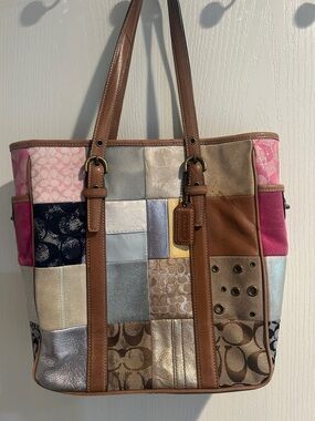 Vintage Coach Patchwork Tote in Pink, Brown, Navy & Metallics